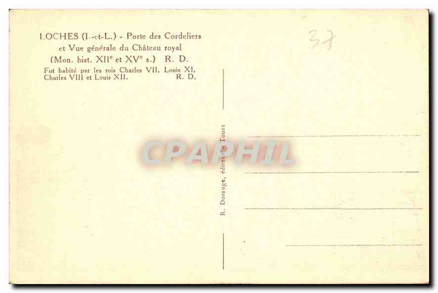 CPA Loches Porte des Cordeliers et Vue generale du Chateau royal  — Verso