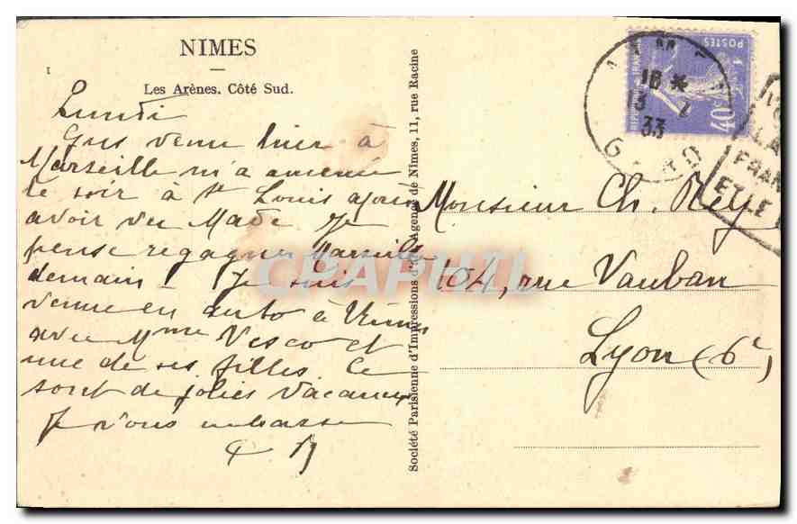 Les Arènes — Côté Sud — Société Parisienne d’Impressions de Nîmes — Verso
