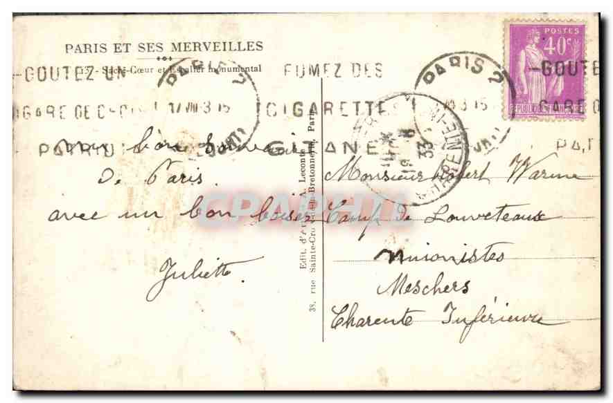 CPA Paris et ses Merveilles Sacre Coeur et Escalier monumental  — Rückseite