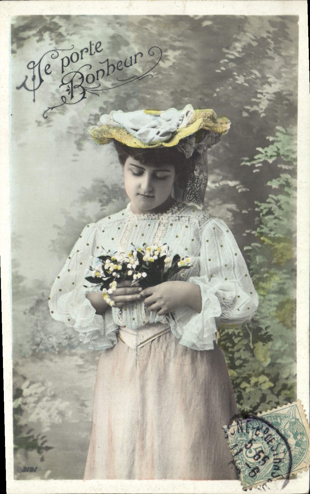 Frau mit einem Blumenstrauß — 'Ne porte Bonheur' — anonymer Verleger, n° 3191