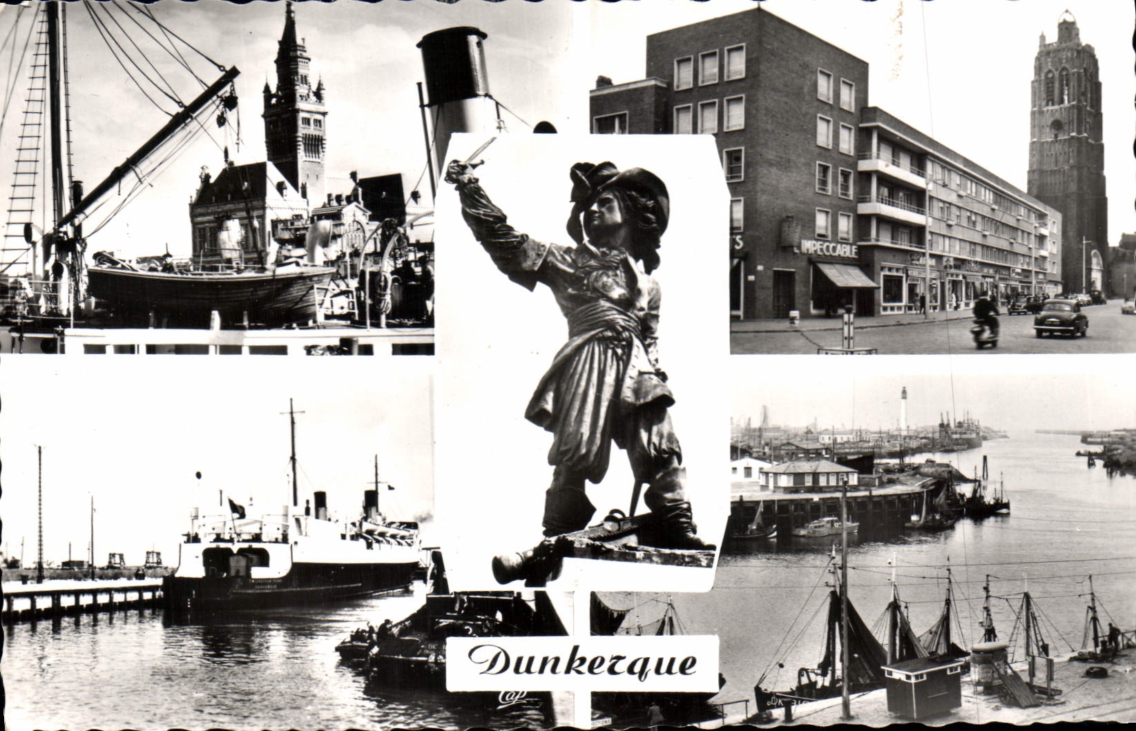 CPA Dunkerque Le Beffroi Place Jean bart Jean Bart Depart du Ferry Boat Le Chenal 