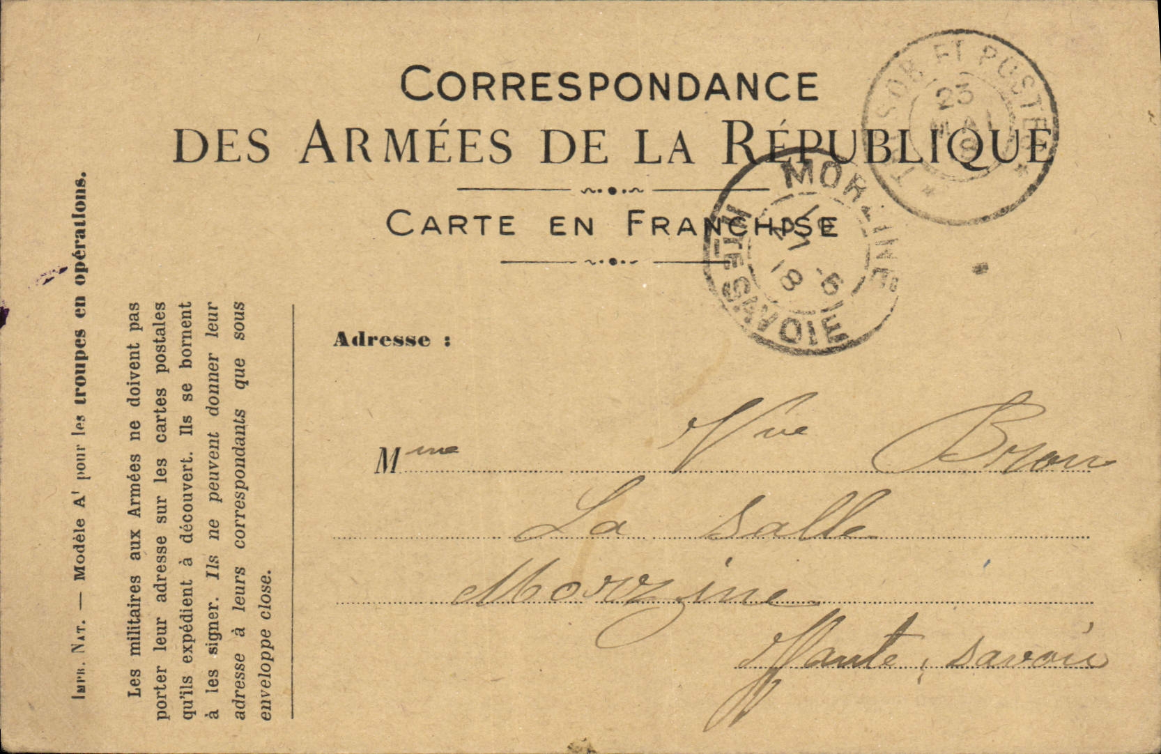 Carte en Franchise Militaire Bron Morzine