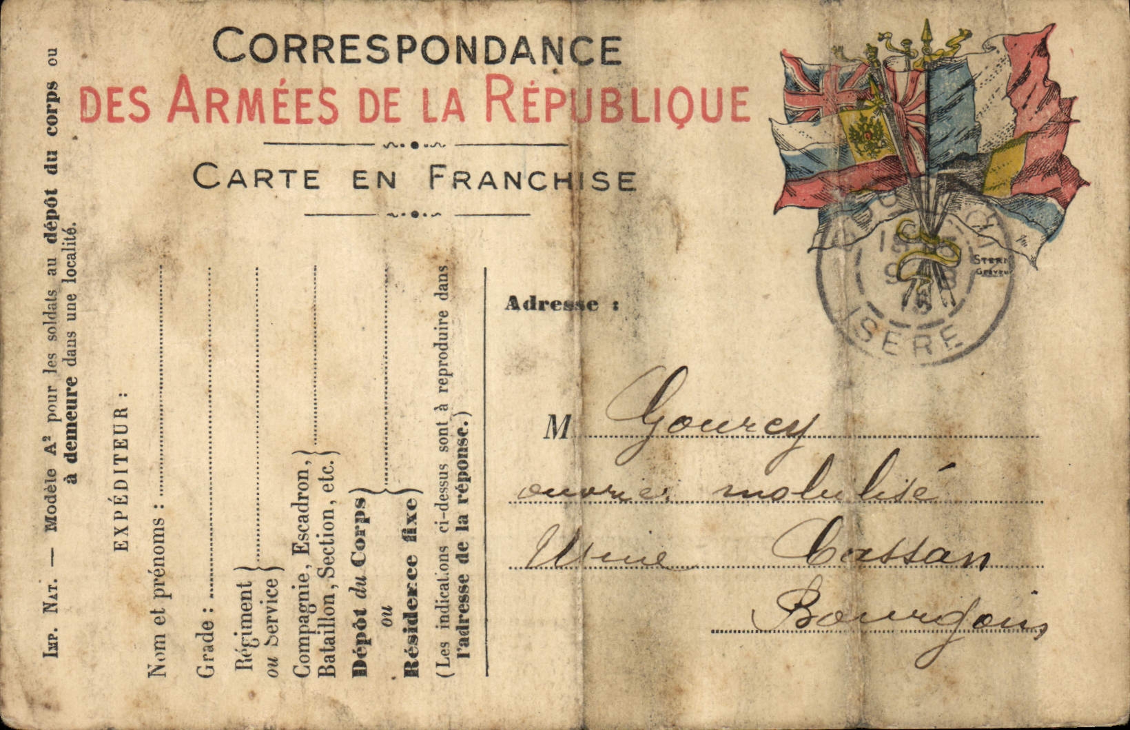 Carte en Franchise Militaire Gourcy Cassan Bourgoin