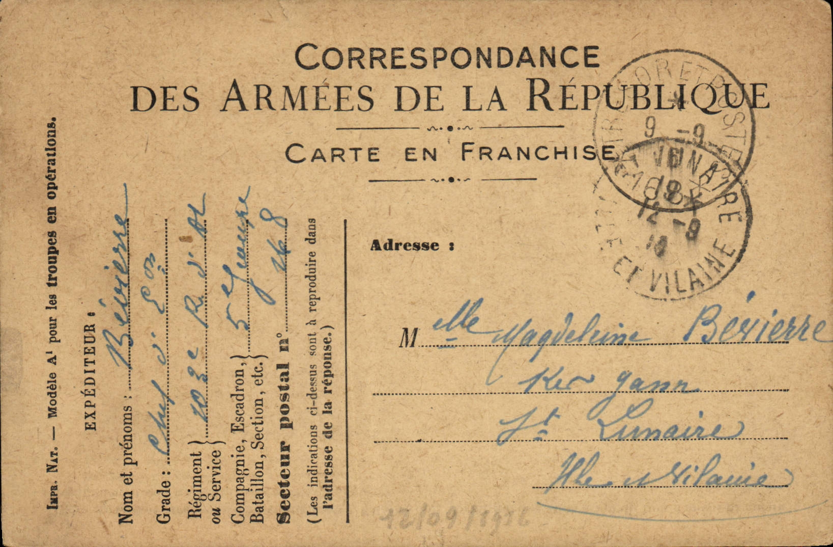 Carte en Franchise Militaire Berierre St Lunaire