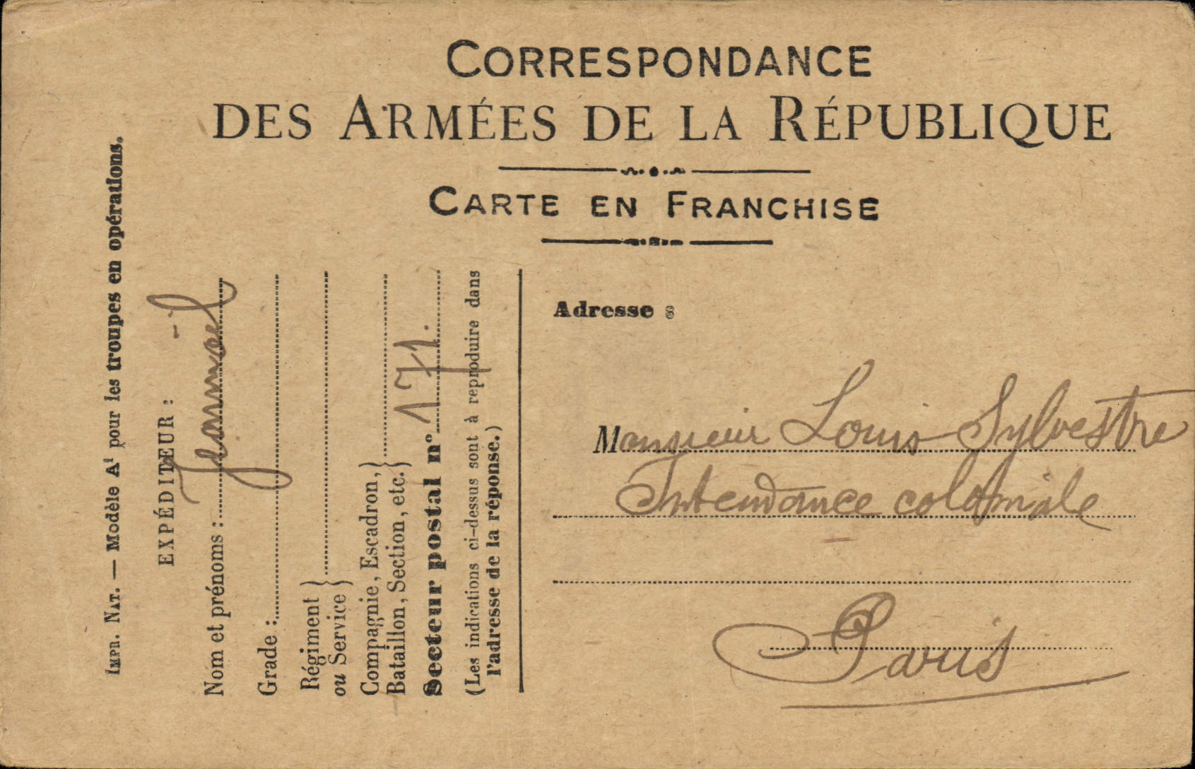 Carte en Franchise Militaire Sylvestre Paris
