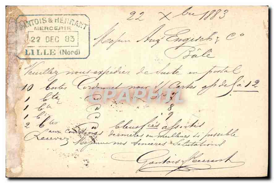 Entier Postal Sage 10c pour Bale Sisse 1883 Santois Lille — Rückseite