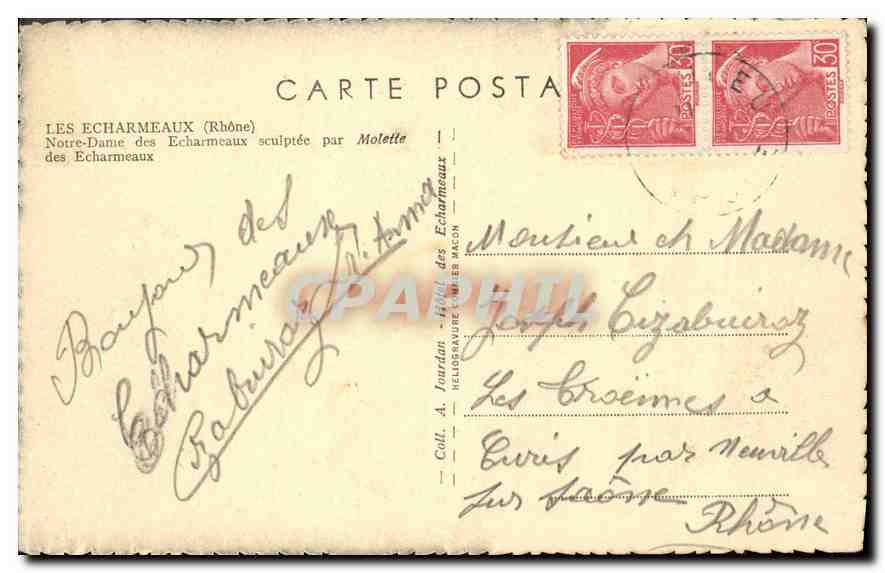 CPA Les Echarmeaux Rhone Notre Dame des Echarmeaux sculptee par Molette des Echarmeaux  — Verso