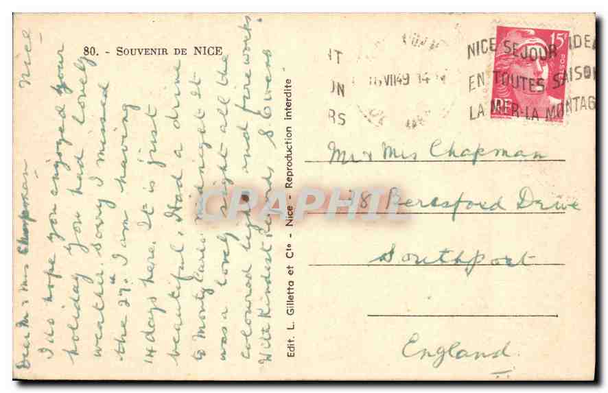 CPA Souvenir de Nice  — Rückseite