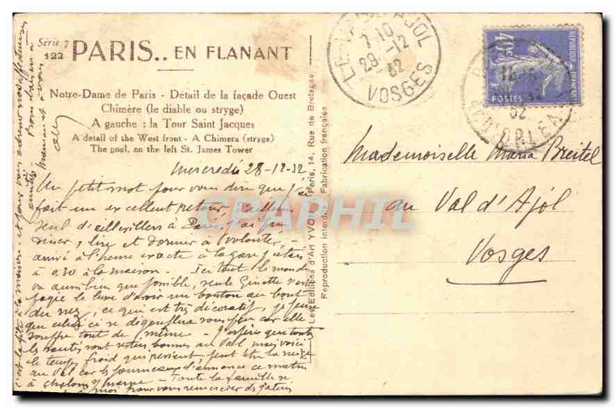 CPA Paris en flanant Notre Dame de Paris Detail de la Facade Ouest Chimere A Gauche la Tour Saint Ja — Verso