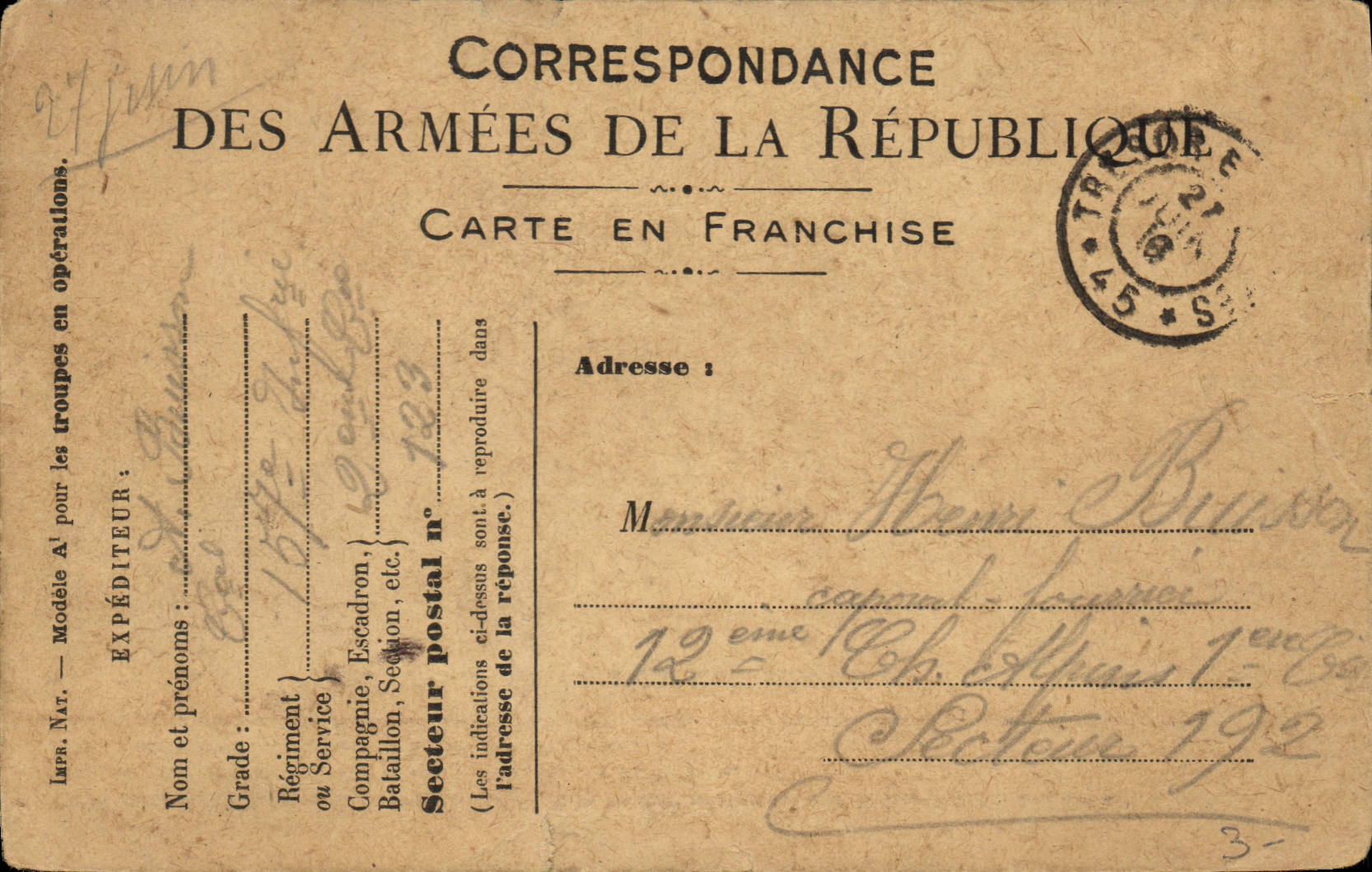 Carte de Franchise Militaire Buisson