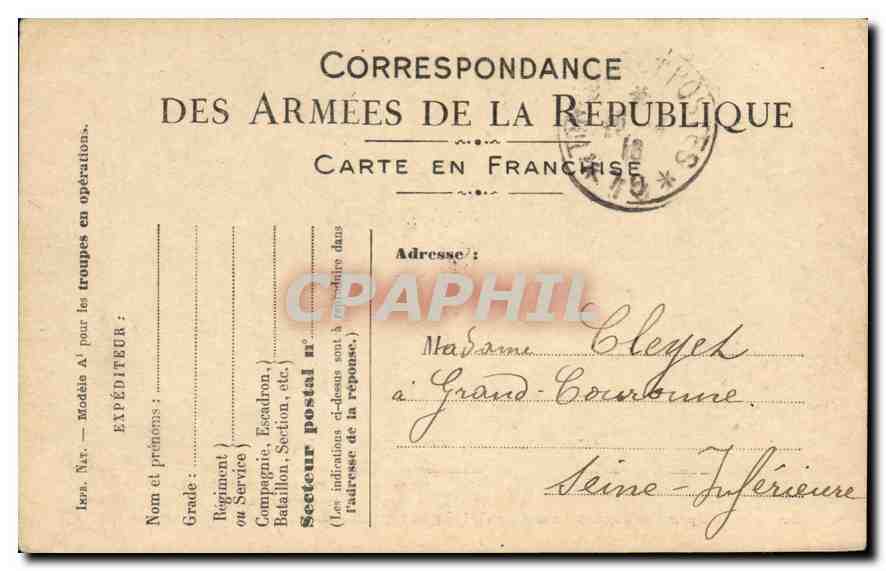 Carte de Franchise Militaire Cleyet Grand Couronne