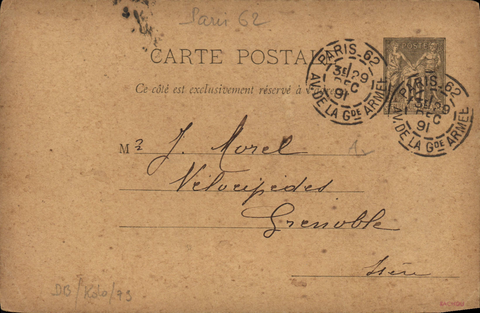 Entier Postal Sage 10c Morel Grenoble Llonclas Guibert Paris