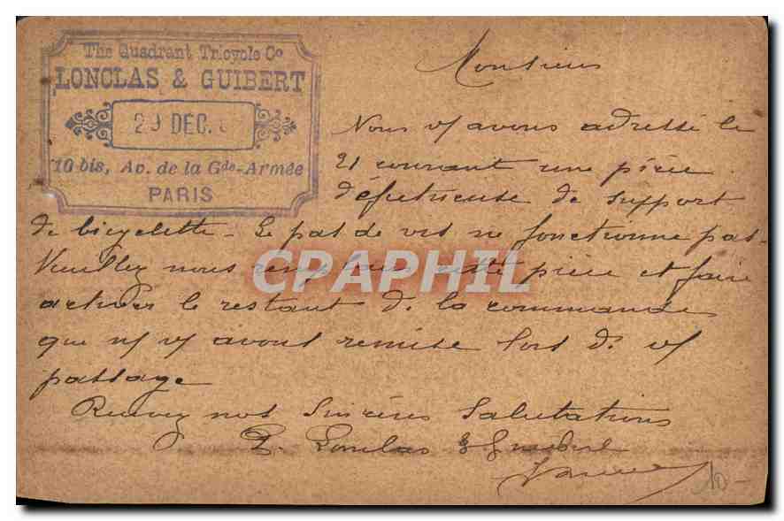 Entier Postal Sage 10c Morel Grenoble Llonclas Guibert Paris — Rückseite