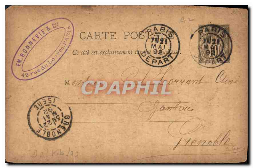 Entier Postal Sage 10c Tonnant Grenoble Bonnevie Rue du Louvre Paris — Rückseite