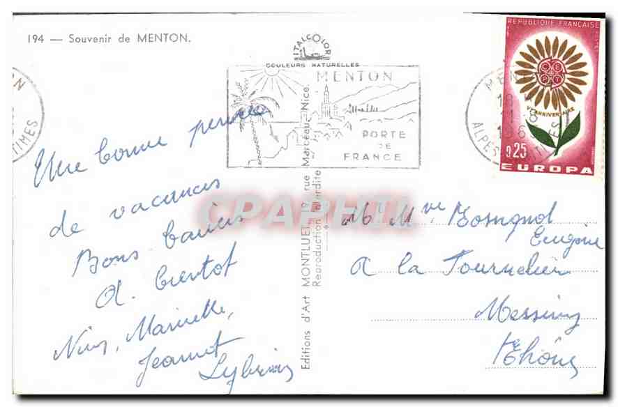CPA Souvenir de Menton  — Rückseite