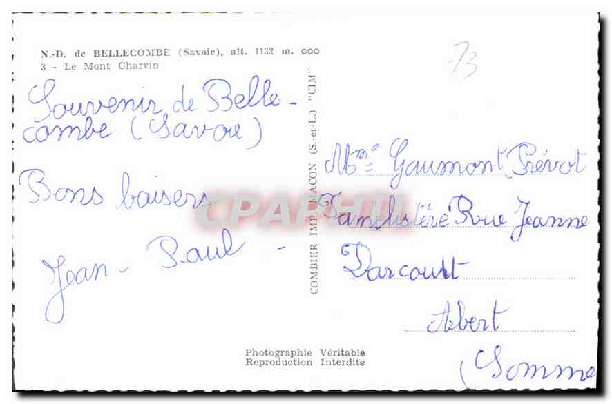CPA N D de Bellecombe Savoie Le Mont Charvin  — Rückseite