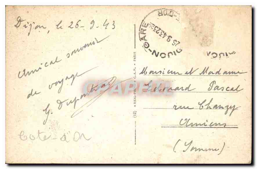 CPA Dijon Place Darcy et Hotel de la Clocher  — Verso