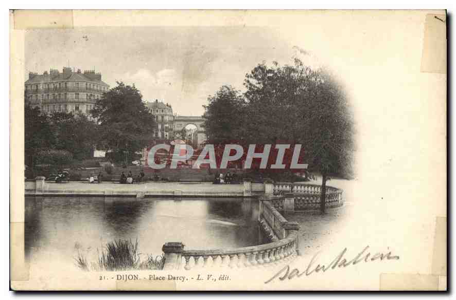 Dijon - Place Darcy — vue du bassin et des bâtiments — L. V., édit.