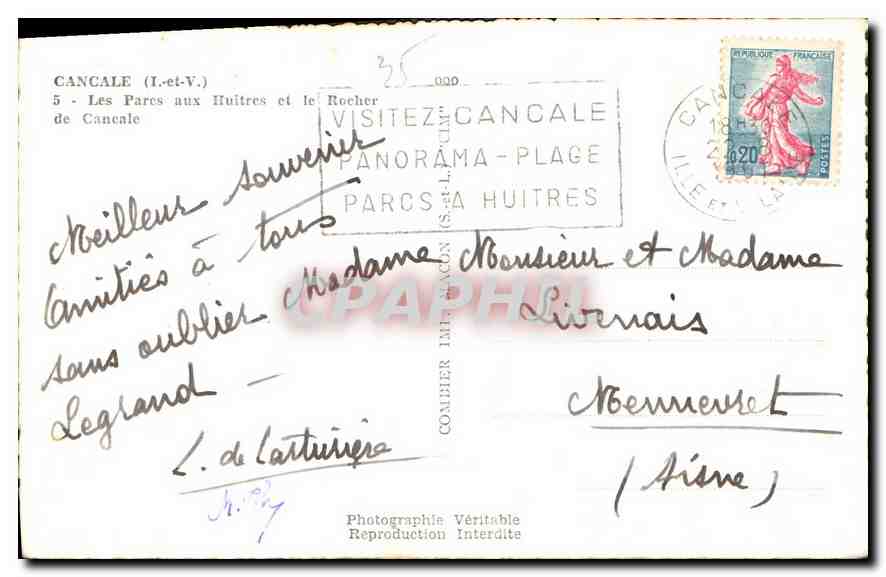 Cancal (I.-et-V.) — Les Parcs aux Huitres et le Rocher — Photographie Véritable — Verso