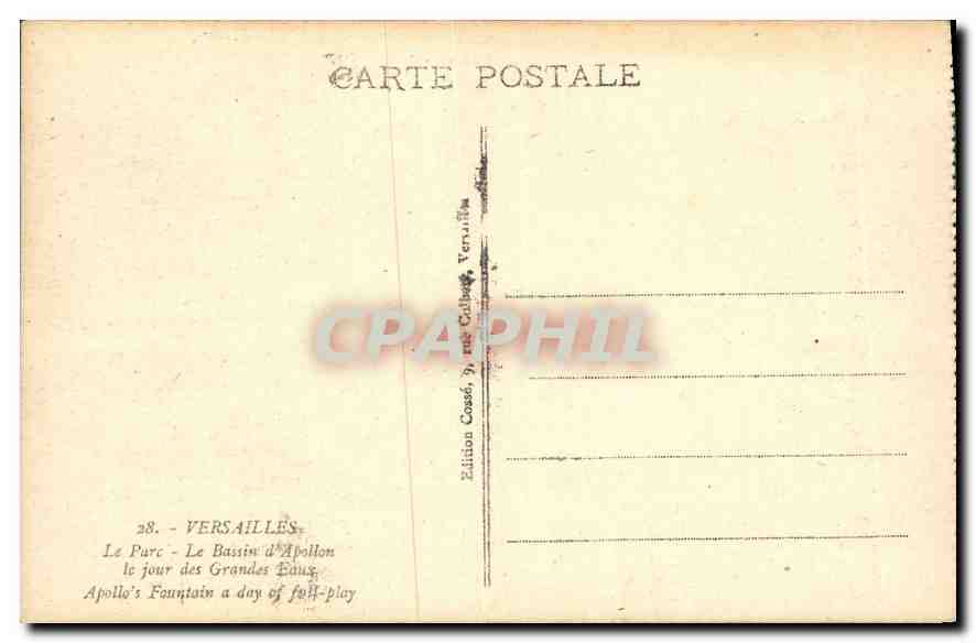 CPA Versailles Le Parc Le Bassin d'Apollon le jour des Grandes Eaux  — Verso