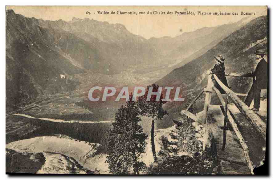 Vallée de Chamonix, vue du Chalet des Pyramides, Plateau supérieur des Bossons — Éditeur : Raquette Courtois, par J. Julliour