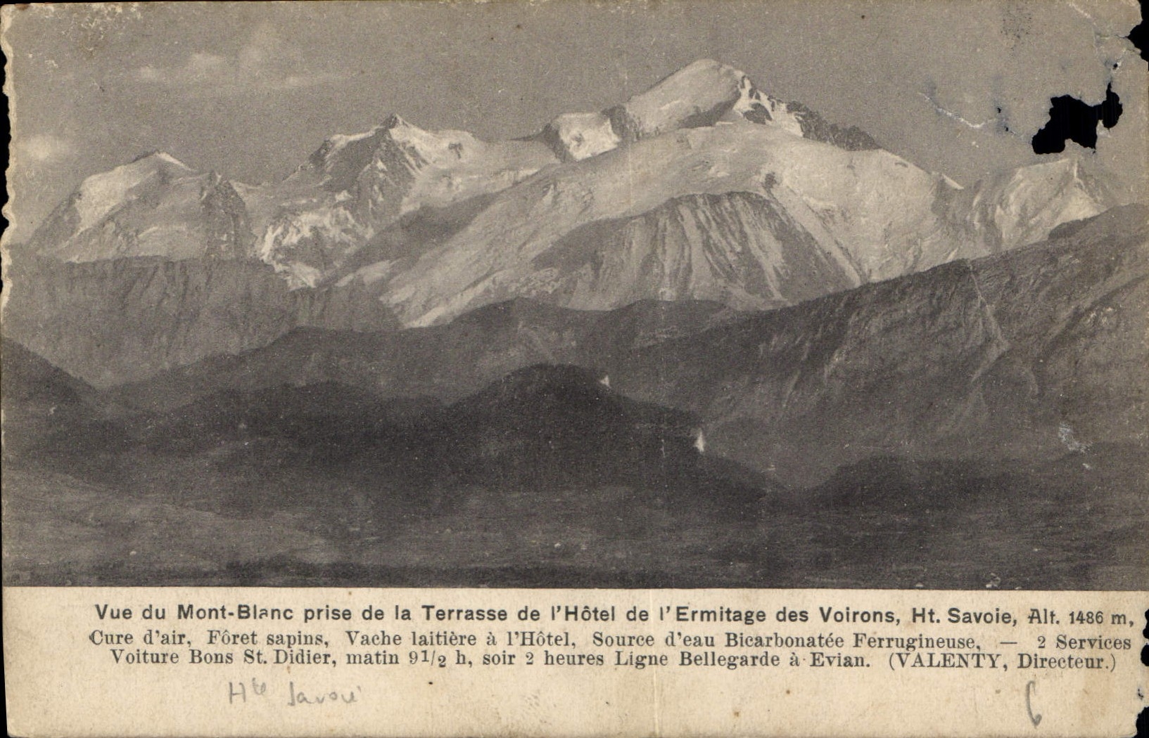 Vue du Mont-Blanc — prise de la terrasse de l'Hôtel de l'Ermitage des Voirons, Haute-Savoie, Alt. 1486 m — VALENTY, Directeur