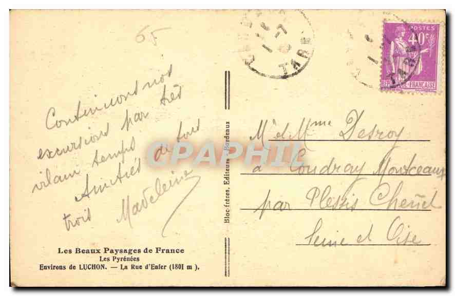 The Pyrenees — La Rue d'Enfer (1801 m) — Block (heads) Publishers Bordeaux — Back