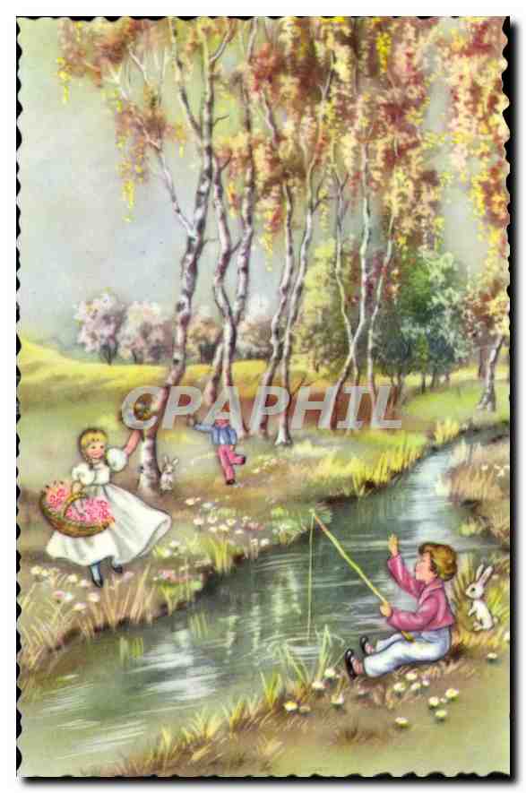 CPA Enfants Peche Pecheur Lapin
