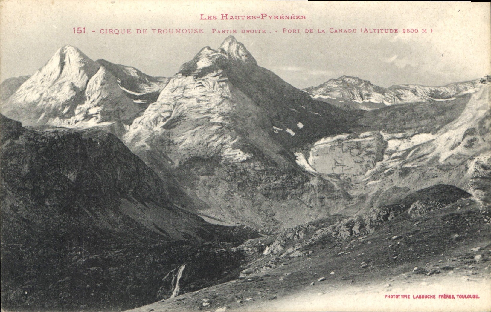 Cirque de Troumouse - Rechte Seite - Port de la Canaou (Höhe 2800 m) — Les Hautes-Pyrénées — Phototypie Labouche Frères, Toulouse, n° 151
