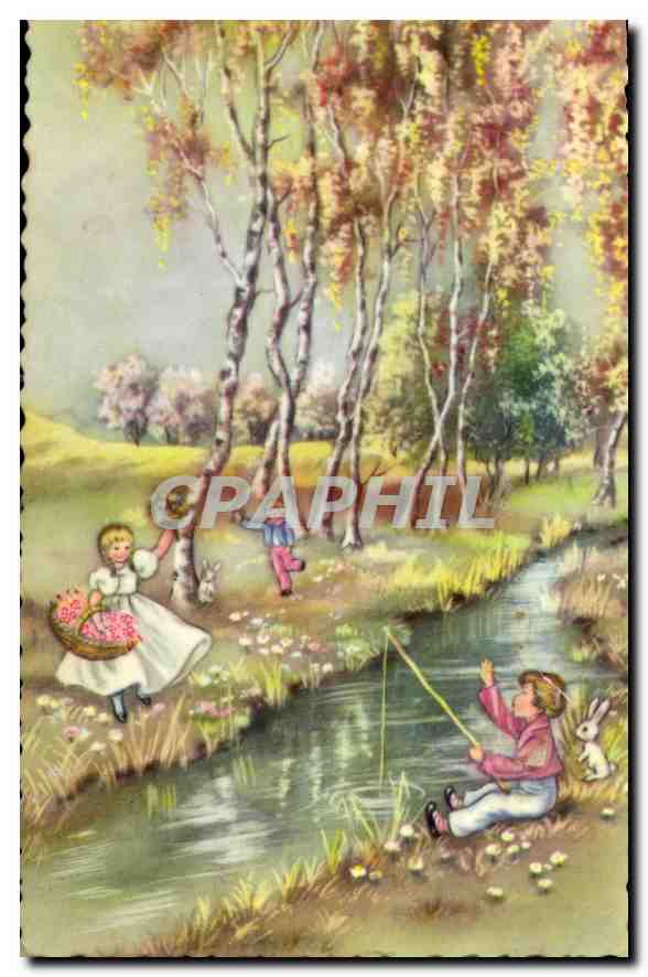 CPA Enfants Peche Pecheur Lapin