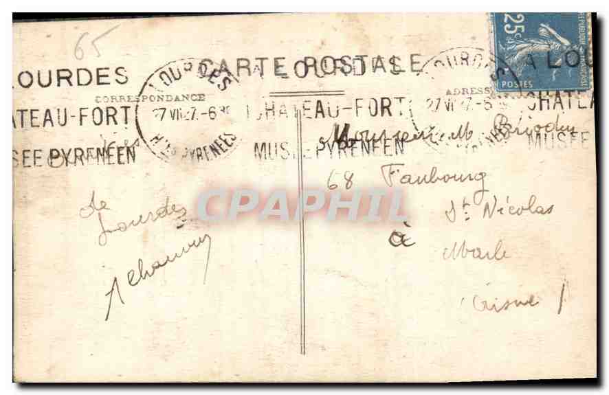 CPA Lourdes Le Chateau Fort et le Gave  — Verso