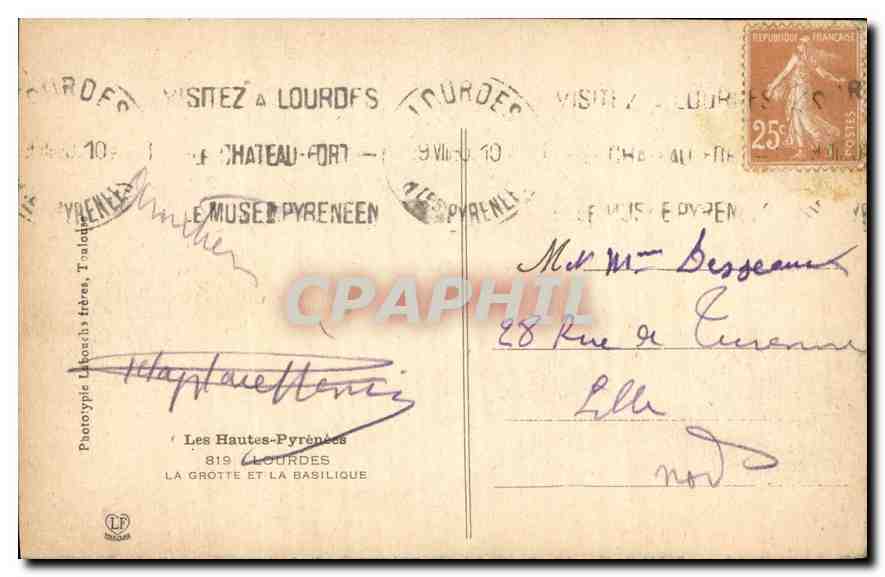 CPA Lourdes La Grotte et la Basilique  — Verso