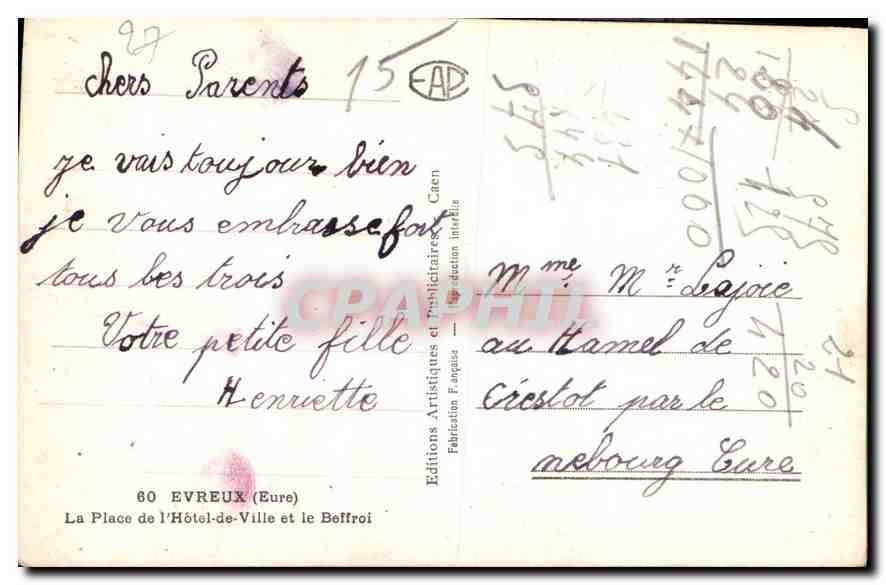 CPA Evreux Eure La Place de l'Hotel de Ville et le Beffroi  — Rückseite