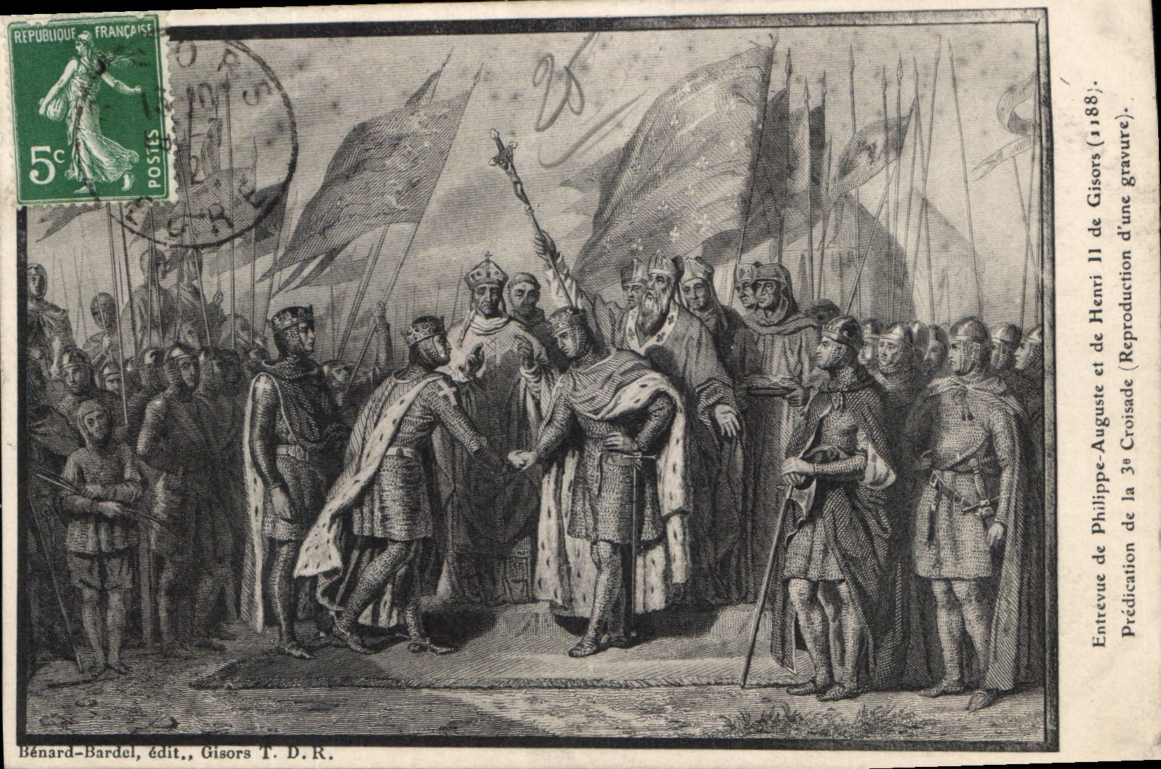 Entrevue de Philippe-Auguste et d'Henri II de Gisors (1188) — Reproduction d'une gravure — Bénard-Bardel, édit., Gisors T.D.R.