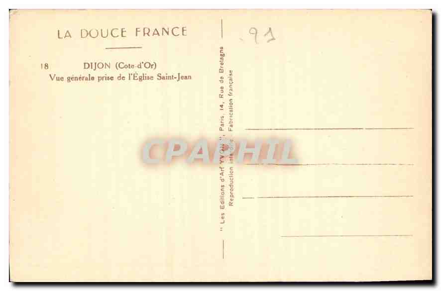 CPA Dijon Cote d'Or Vue generale prise de l'Eglise Saint Jean  — Rückseite