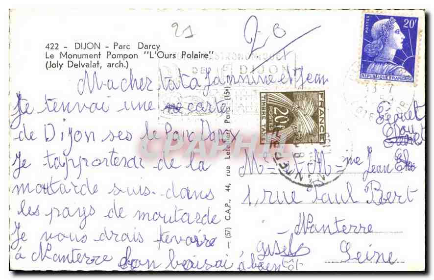 CPA Dijon Parc Darcy Le Monument Pompon L'ours polaire  — Rückseite