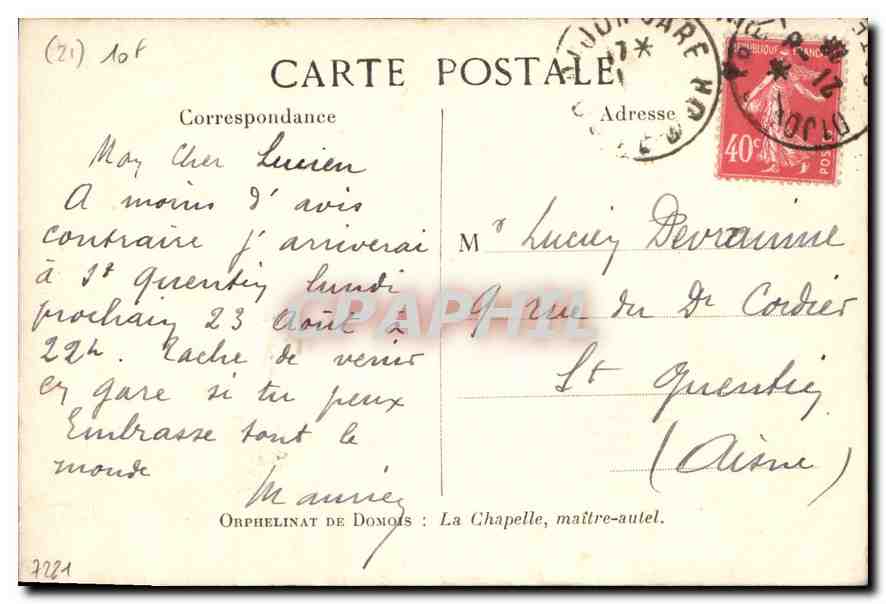 CPA Orphelinat de Domois La Chapelle maitre autel  — Verso