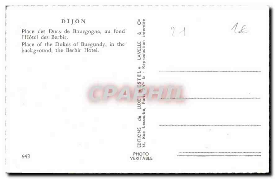CPA Dijon Place des Ducs de Bourgogne  — Rückseite