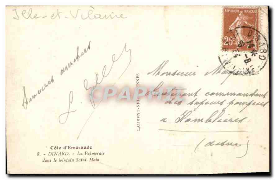 CPA Dinard La Palmeraie dans le lointain Saint Malo  — Rückseite