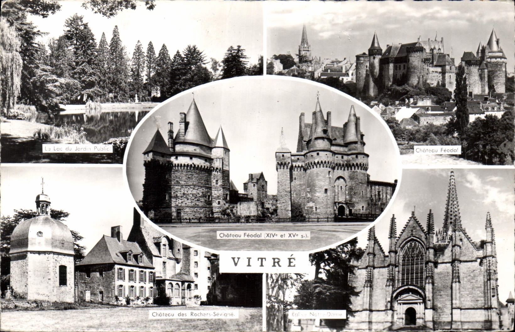 Vitré — Vue panoramique avec château féodal, lac du jardin public et église — Éditeur Artaud et Fils, Nantes - Recto
