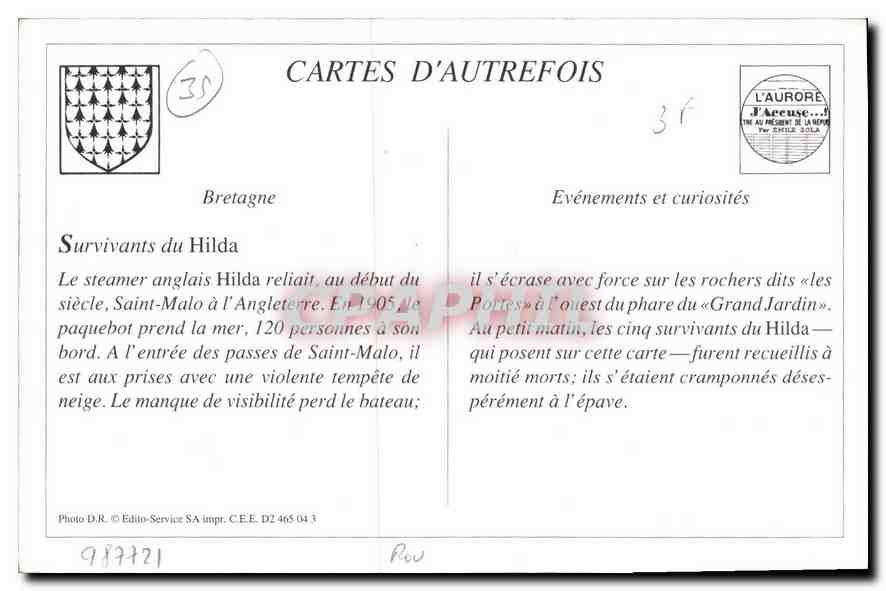 Saint-Malo - Los supervivientes del "Hilda" — naufragio del 19 de noviembre de 1905, 120 pasajeros a bordo — Reverso