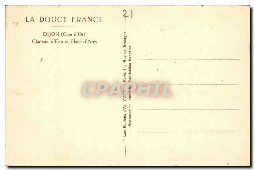 CPA Dijon Cote d'Or Chateau d'Eau et Place d'Arcy  — Rückseite