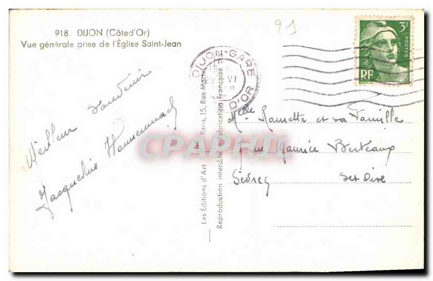 CPA Dijon Cote d'Or Vue generale prise de l'Eglise Saint Jean  — Rückseite