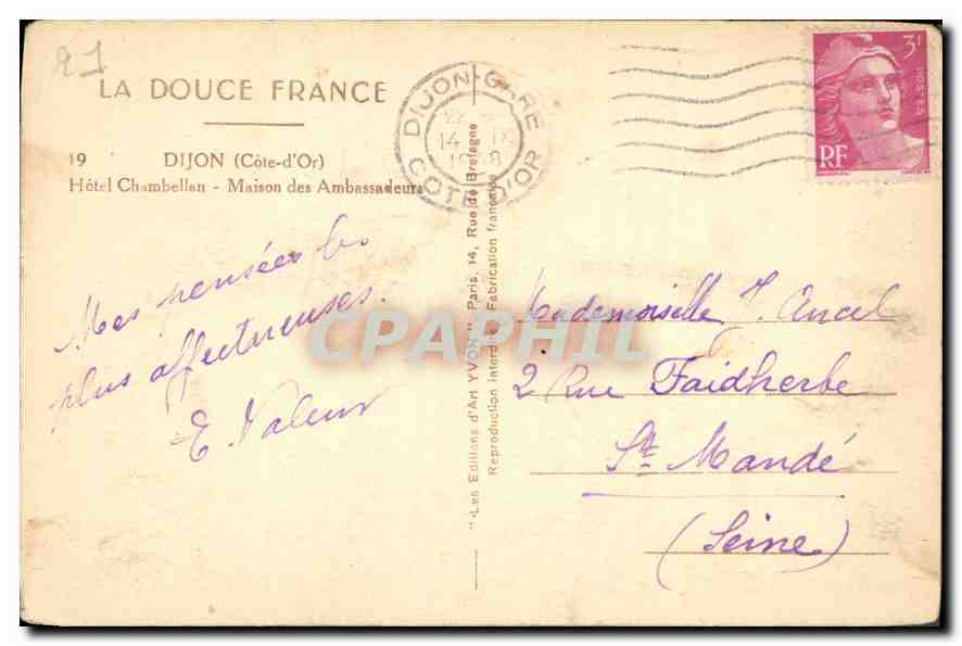 CPA Dijon Cote d'Or Hotel Chambellan Maison des Ambassadeurs  — Rückseite