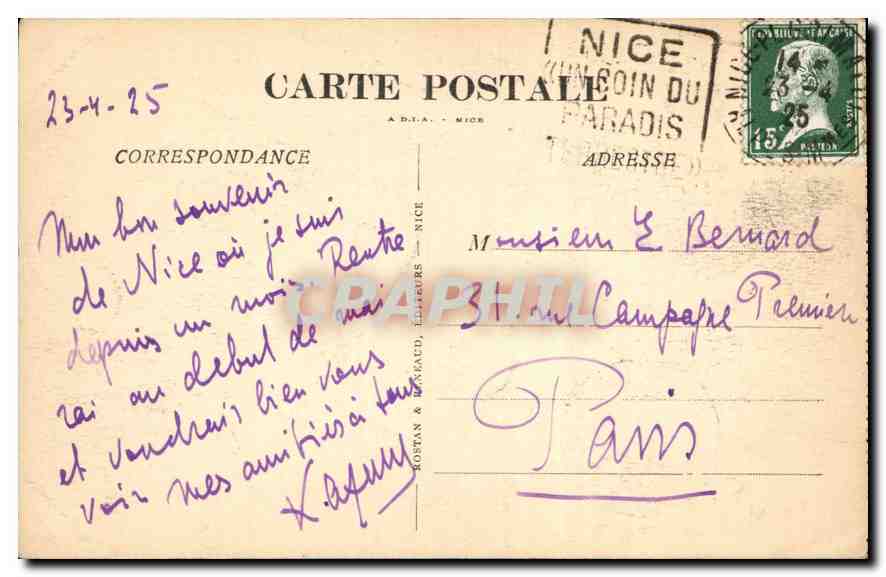 CPA Nice Le Quai des Etats Unis et le Mont Boron  — Rückseite