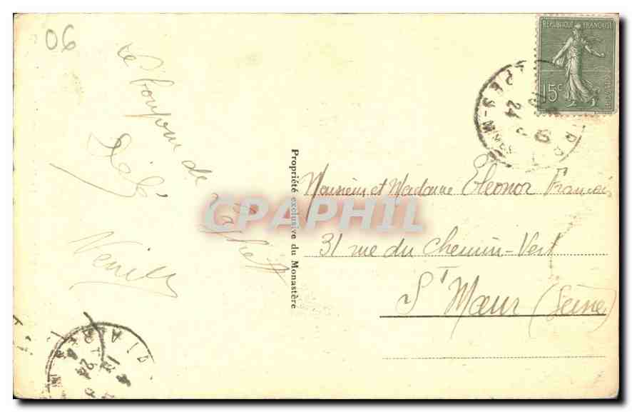 CPA Notre Dame de Laghet Le Monastere vu a travers les pins  — Verso