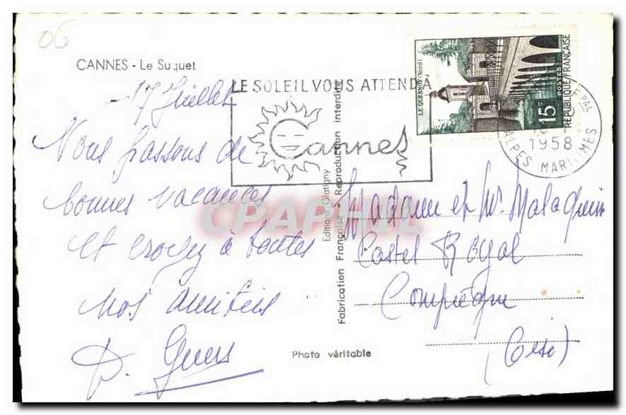 CPA Cannes Le Suquet  — Verso