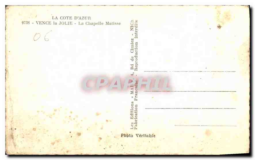 CPA Vence la Jolie La Chapelle Matisse  — Verso