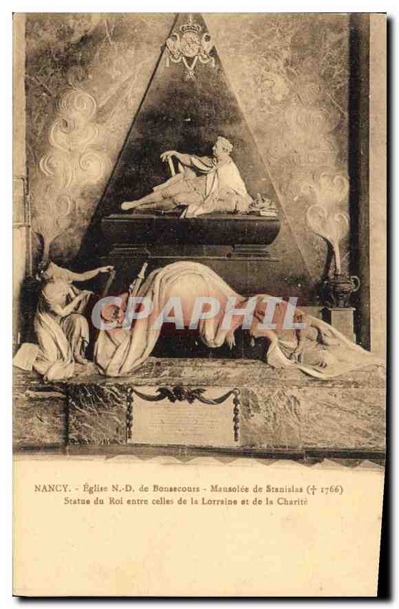 Nancy - Église N.-D. de Bonsecours - Mausolée de Stanislas († 1766) - Statue du Roi entre celles de la Lorraine et de la Charité