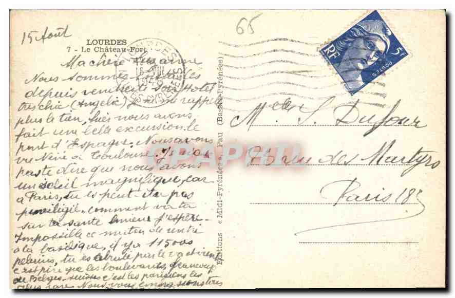 CPA Lourdes Le Chateau Fort  — Verso